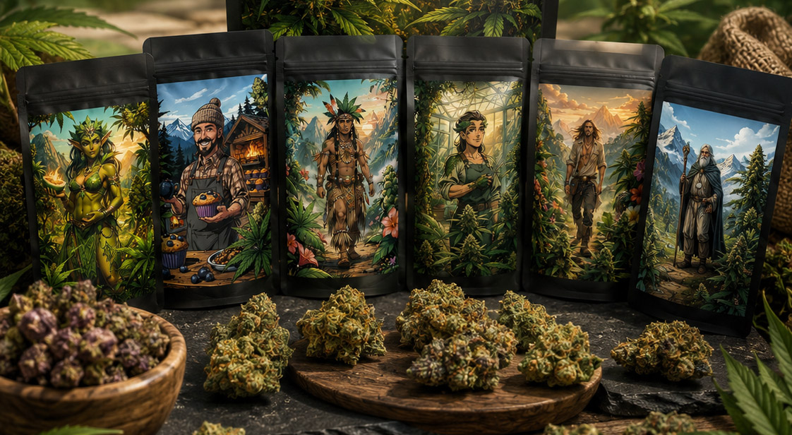 Sachets de fleurs CBD et fleurs séchées sur une table en bois