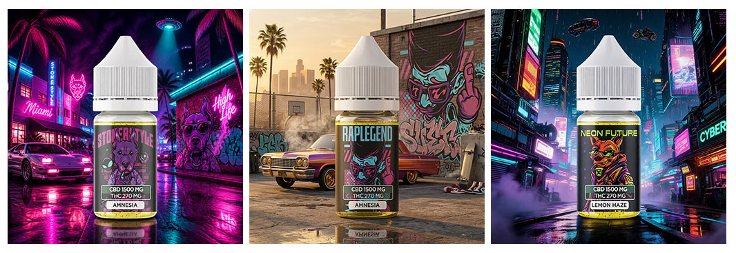 Trois flacons d'e-liquide CBD Stonerstyle, Raplegend et Neon Future