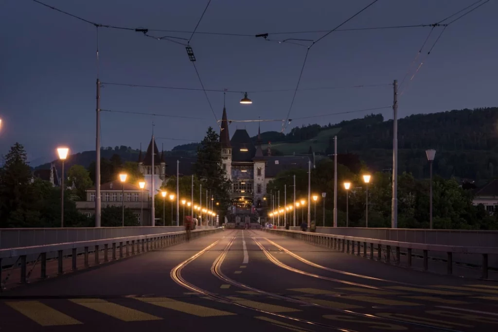 A street at night in Bern, Switzerland.