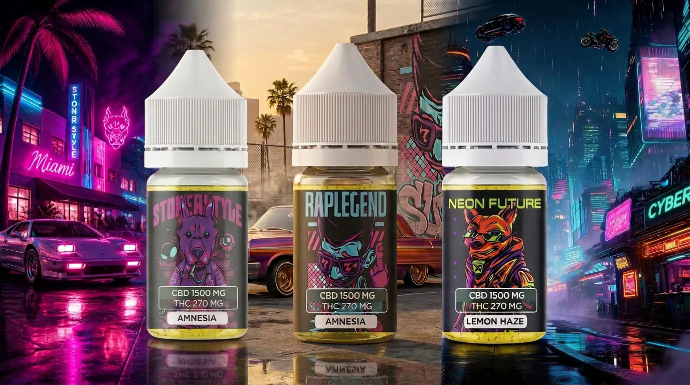 Three bottles of CBD e-liquid in front of an illustrated city backdrop