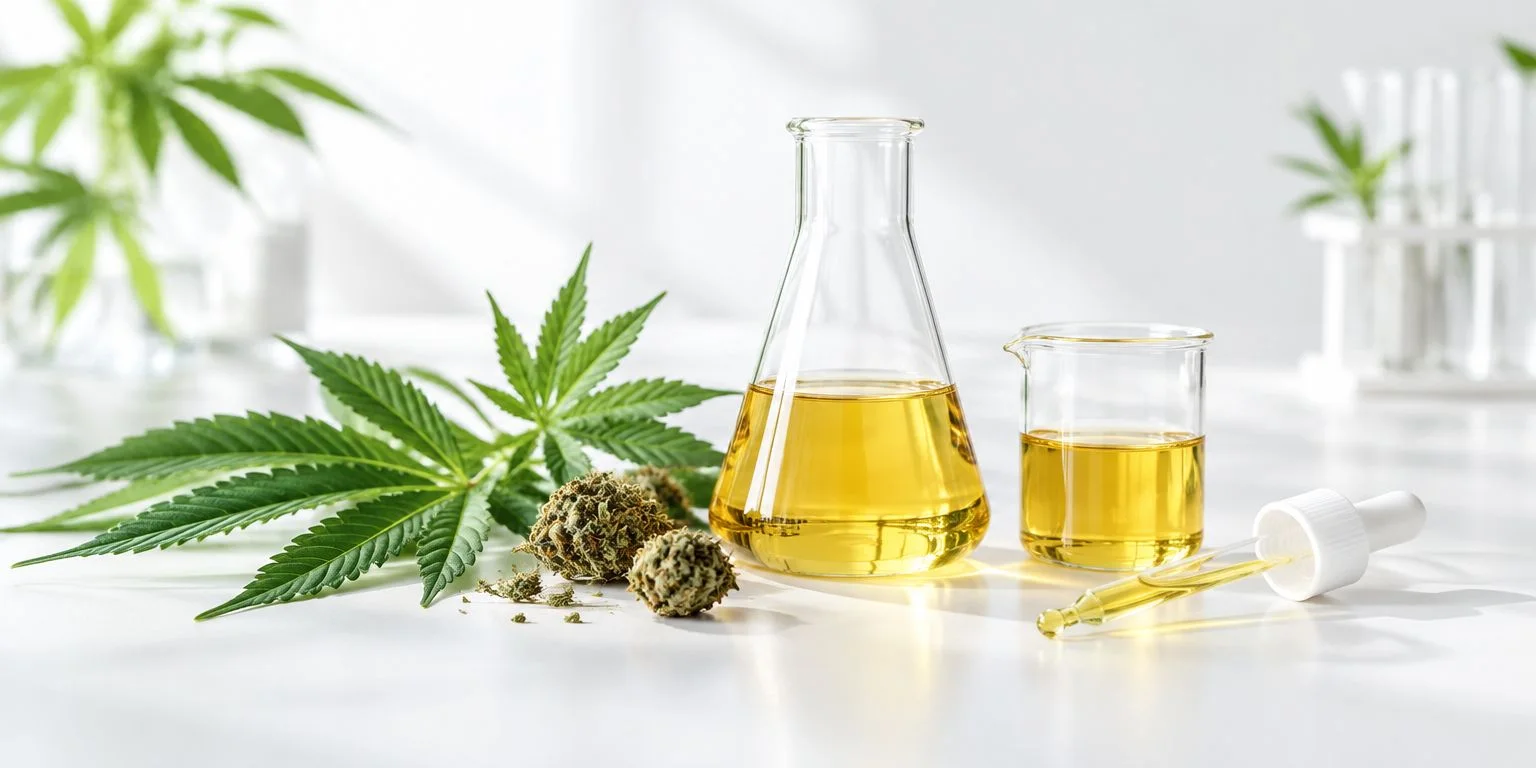 Hanfblätter und -blüten neben einem Erlenmeyerkolben und einem Becherglas mit goldenem Öl, Pipette, auf einer weissen Laborfläche