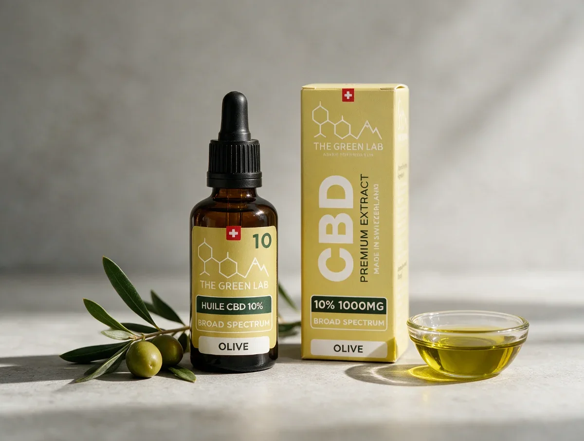 Flasche und Faltschachtel des CBD-Öls Broad Spectrum 10 % auf Olivenöl, 1000 mg, neben einem Olivenzweig und einem Schälchen Olivenöl