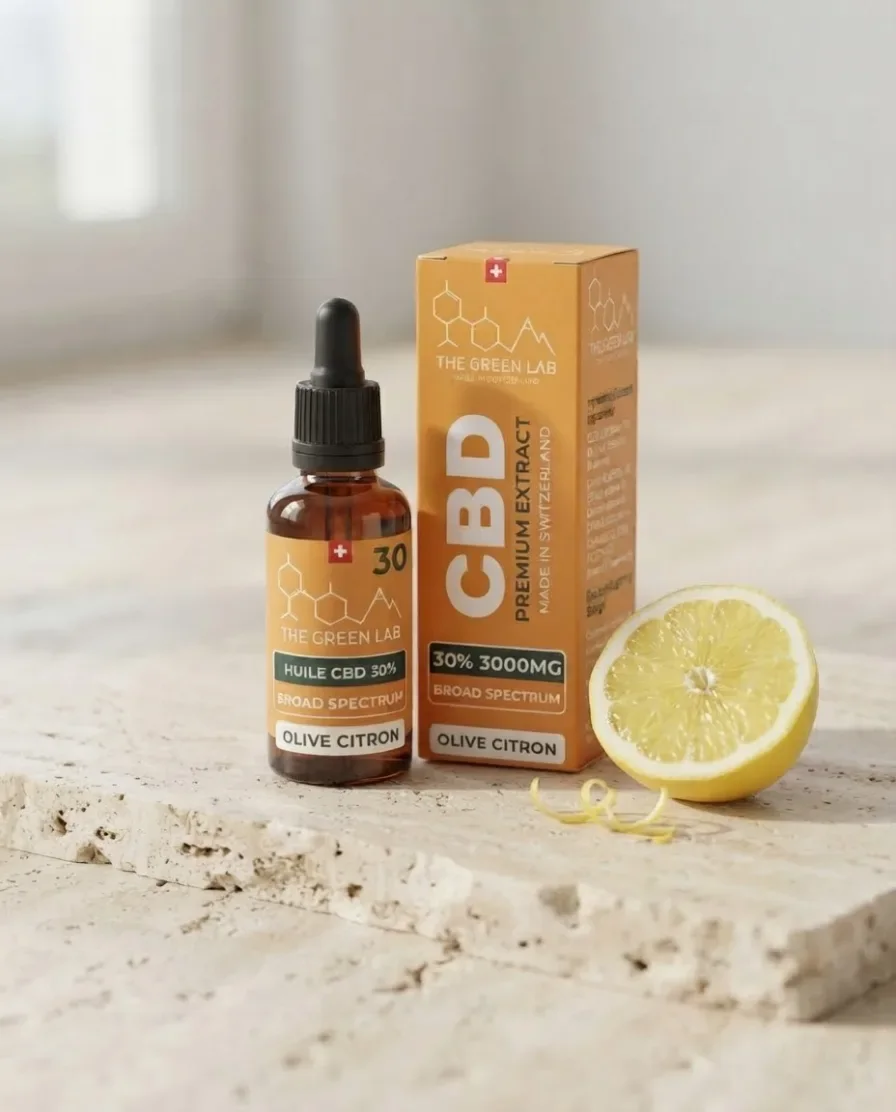 Flacon et étui de l'huile CBD Broad Spectrum 30 % sur huile d'olive citron, 3000 mg, sur une pierre de travertin à côté d'un demi-citron