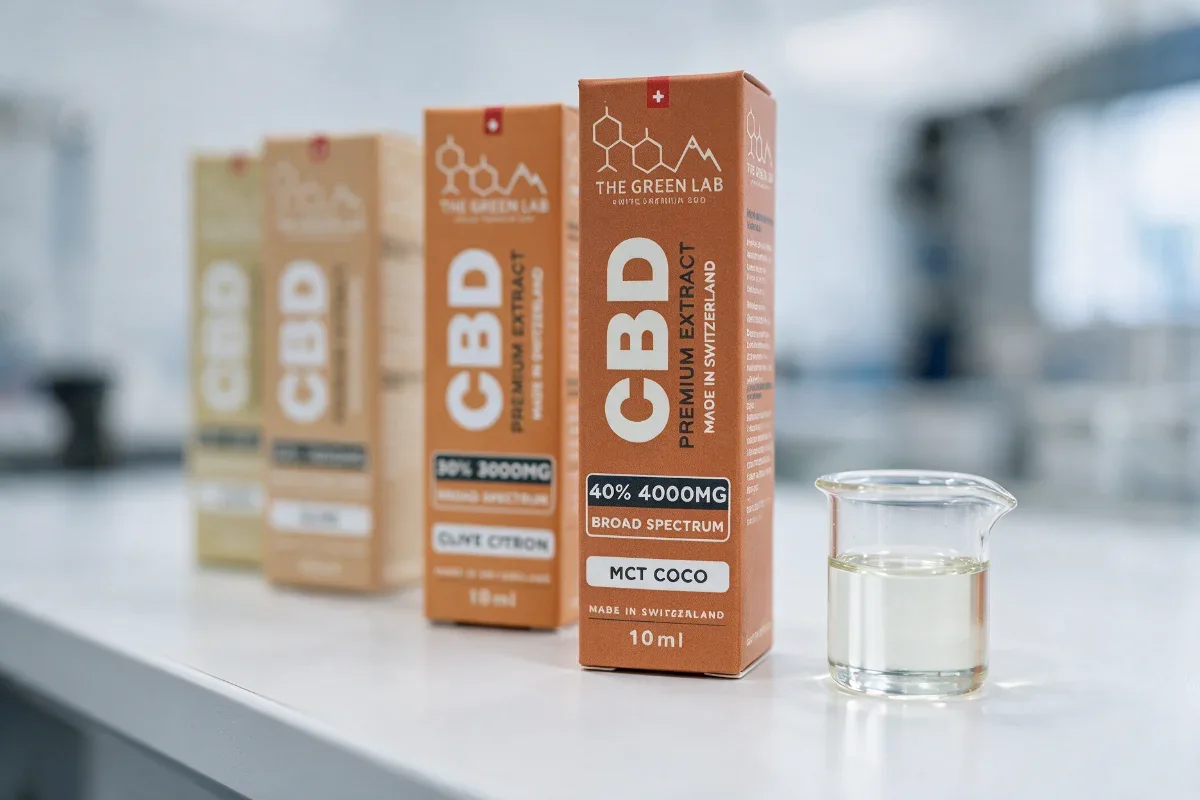 Faltschachteln des Broad-Spectrum-Sortiments von The Green Lab in einer Reihe: im Vordergrund das 40 % mit 4000 mg auf MCT-Kokosöl, dahinter das 30 % auf Olivenöl mit Zitrone sowie das 20 % und das 10 % auf Olivenöl