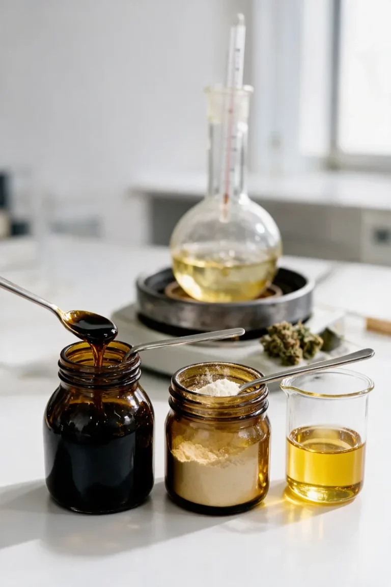 Laboratory bench with a jar of dark brown hemp extract, a jar of CBDA powder and a beaker of golden distillate, in front of a heated flask and a thermometer