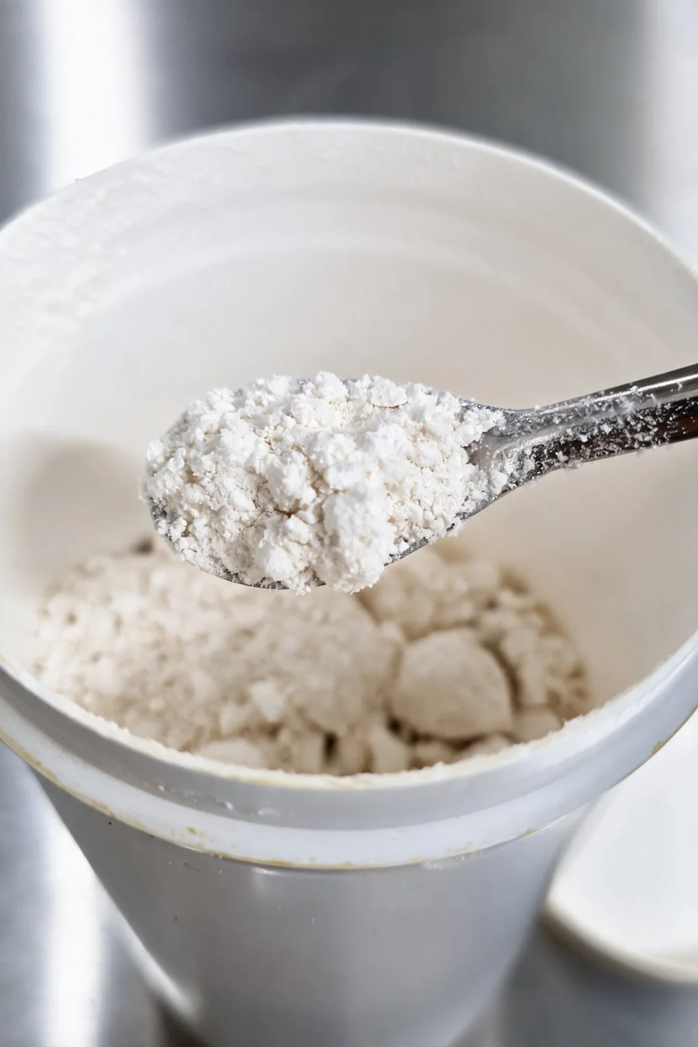 Gebrochen weisses CBG-Pulver in einer weissen Dose, mit einem Edelstahllöffel entnommen