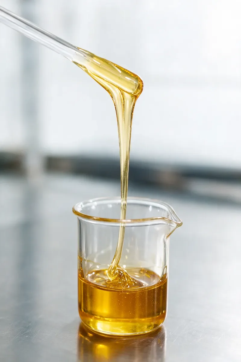 Distillat de chanvre doré et limpide dans un bécher, soulevé en filet épais par une baguette de verre