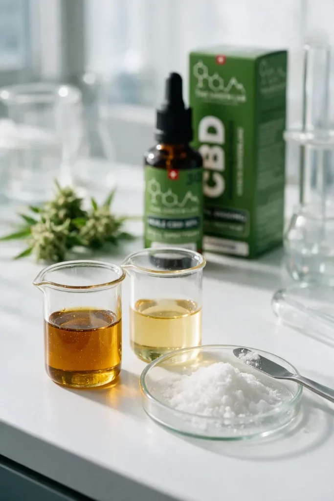Laboratory bench with a beaker of amber hemp distillate, a beaker of lighter distillate and a Petri dish of white CBD crystals, with a The Green Lab Hemp CBD oil bottle and box in the background