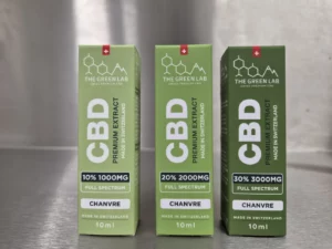 Three boxes from The Green Lab Hemp range: 10, 20 and 30% on hemp seed oil
