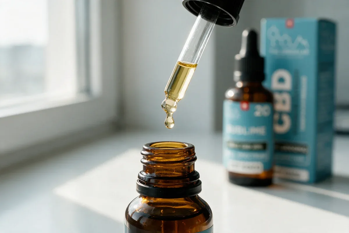 Goldener Öltropfen, der sich an der Spitze einer Glaspipette bildet, über einer 10-ml-Braunglasflasche, Schachtel Sublime 20 % im Hintergrund