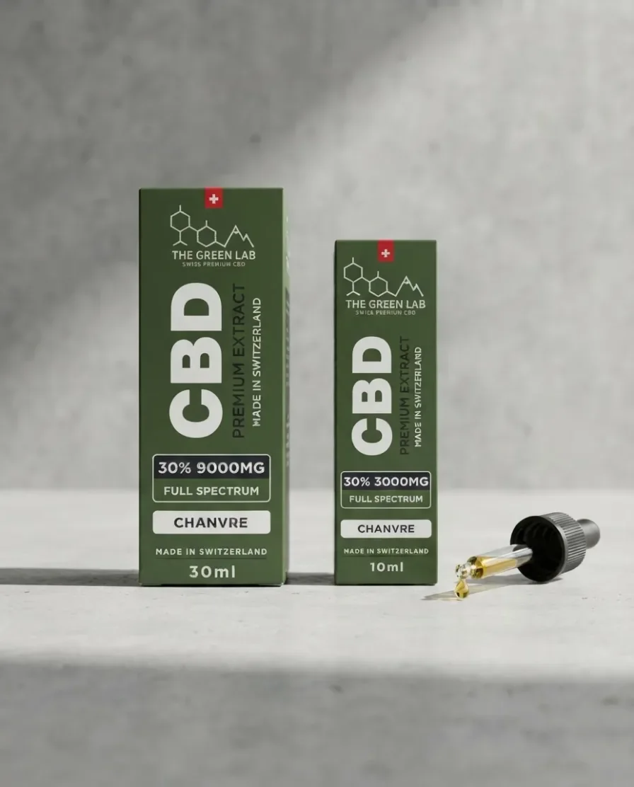 Boxes of The Green Lab 30% Full Spectrum Hemp CBD oil in 30 ml, 9000 mg, and 10 ml, 3000 mg, with a pipette holding a drop of oil