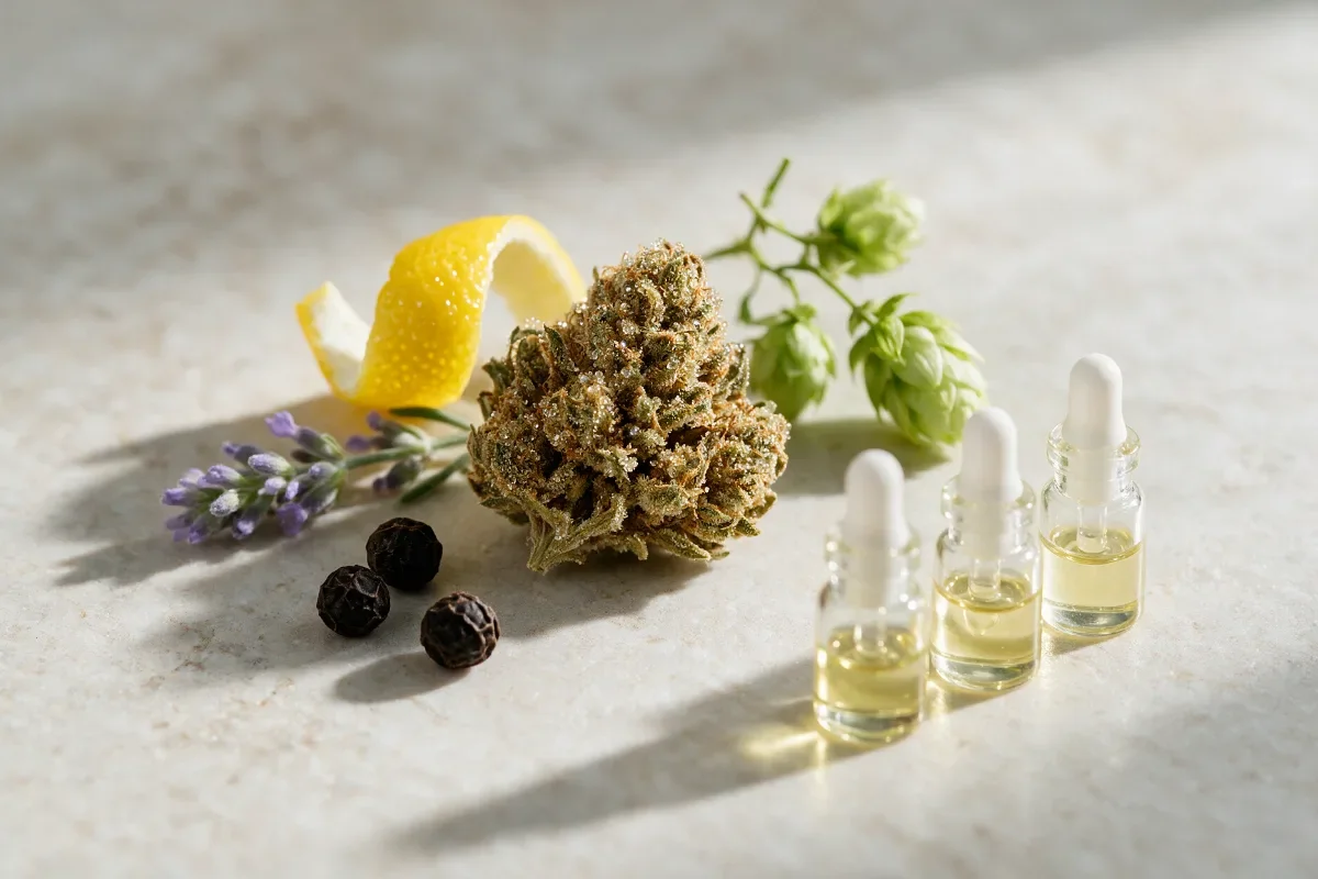 Dried hemp flower surrounded by natural sources of common terpenes: lemon peel, black peppercorns, lavender, hops, and three small terpene vials
