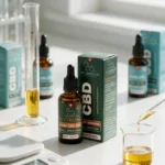Huile CBD X-Strong 45 % et son étui au laboratoire, entourés de flacons Sublime, d'une balance de précision, d'une éprouvette graduée et d'une pipette d'huile dorée