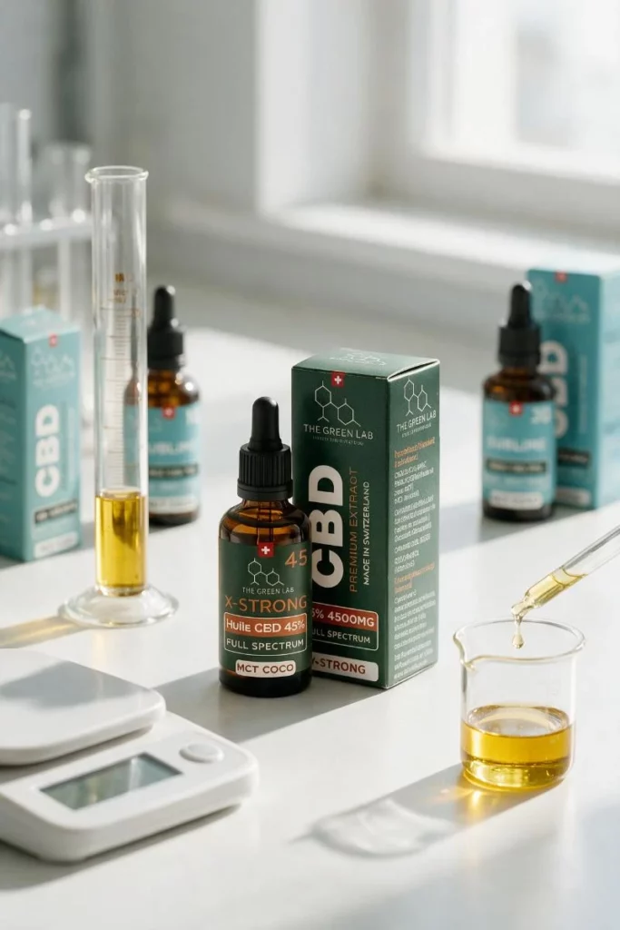 Huile CBD X-Strong 45 % et son étui au laboratoire, entourés de flacons Sublime, d'une balance de précision, d'une éprouvette graduée et d'une pipette d'huile dorée