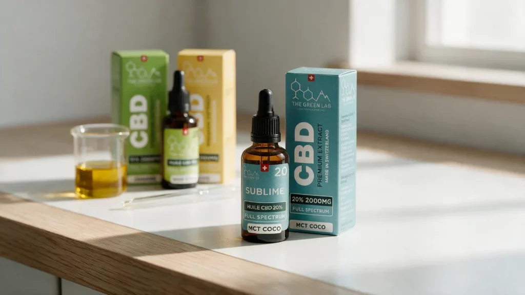 Étui et flacon Sublime 20 % sur un plan de travail de laboratoire en chêne clair, étuis Chanvre et Broad Spectrum olive en arrière-plan, bécher d'huile dorée et pipette en verre