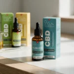 Étui et flacon Sublime 20 % sur un plan de travail de laboratoire en chêne clair, étuis Chanvre et Broad Spectrum olive en arrière-plan, bécher d'huile dorée et pipette en verre