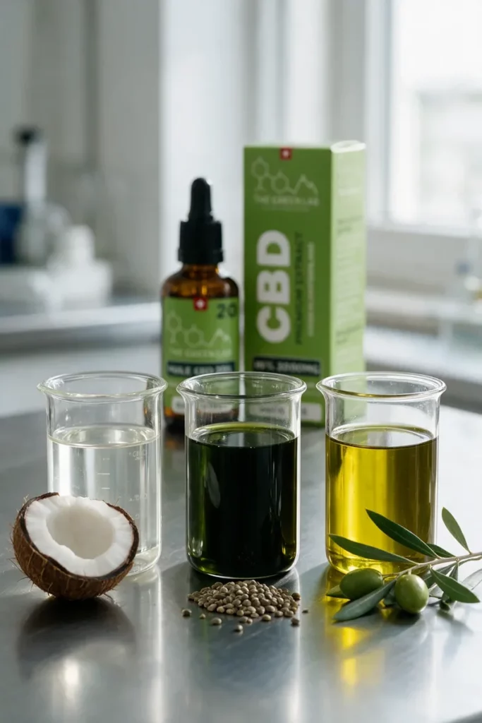 Trois béchers d'huile porteuse sur un plan de travail inox : MCT de coco incolore, huile de chanvre vert foncé et huile d'olive dorée, avec noix de coco, graines de chanvre et rameau d'olivier, et un flacon d'huile CBD Chanvre 20 % The Green Lab en arrière-plan