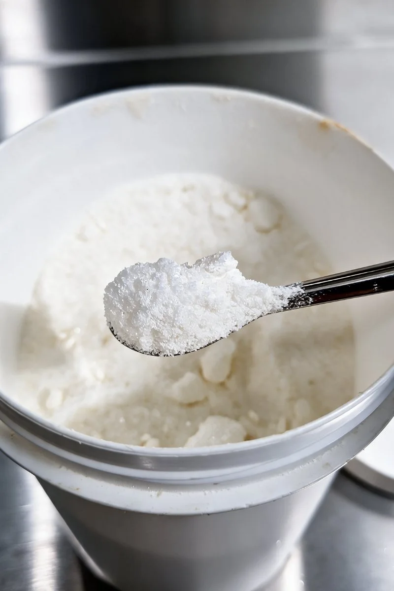 Isolat de CBD en poudre cristalline blanche dans un pot blanc, prélevé à la cuillère inox