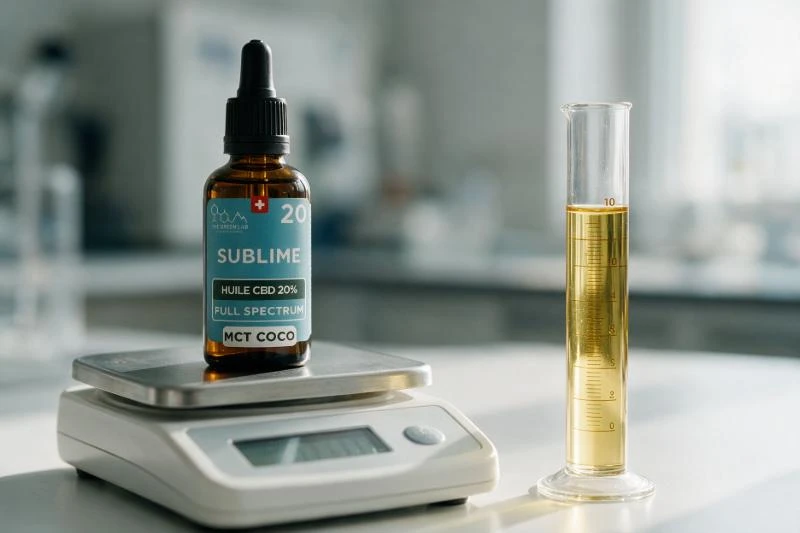 Flasche CBD-Öl Sublime 20 % auf MCT-Kokosöl auf einer Präzisionswaage, neben einem Messzylinder, der bis 10 ml mit Öl gefüllt ist