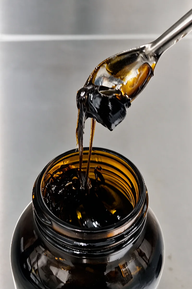 Black, thick crude hemp extract on a spoon above an amber jar