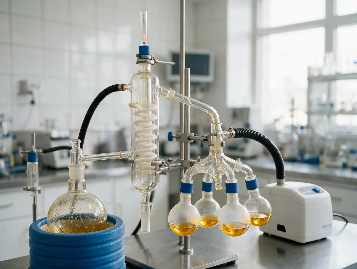 Illustration: short path vacuum distillation apparatus, flasks of golden distillate