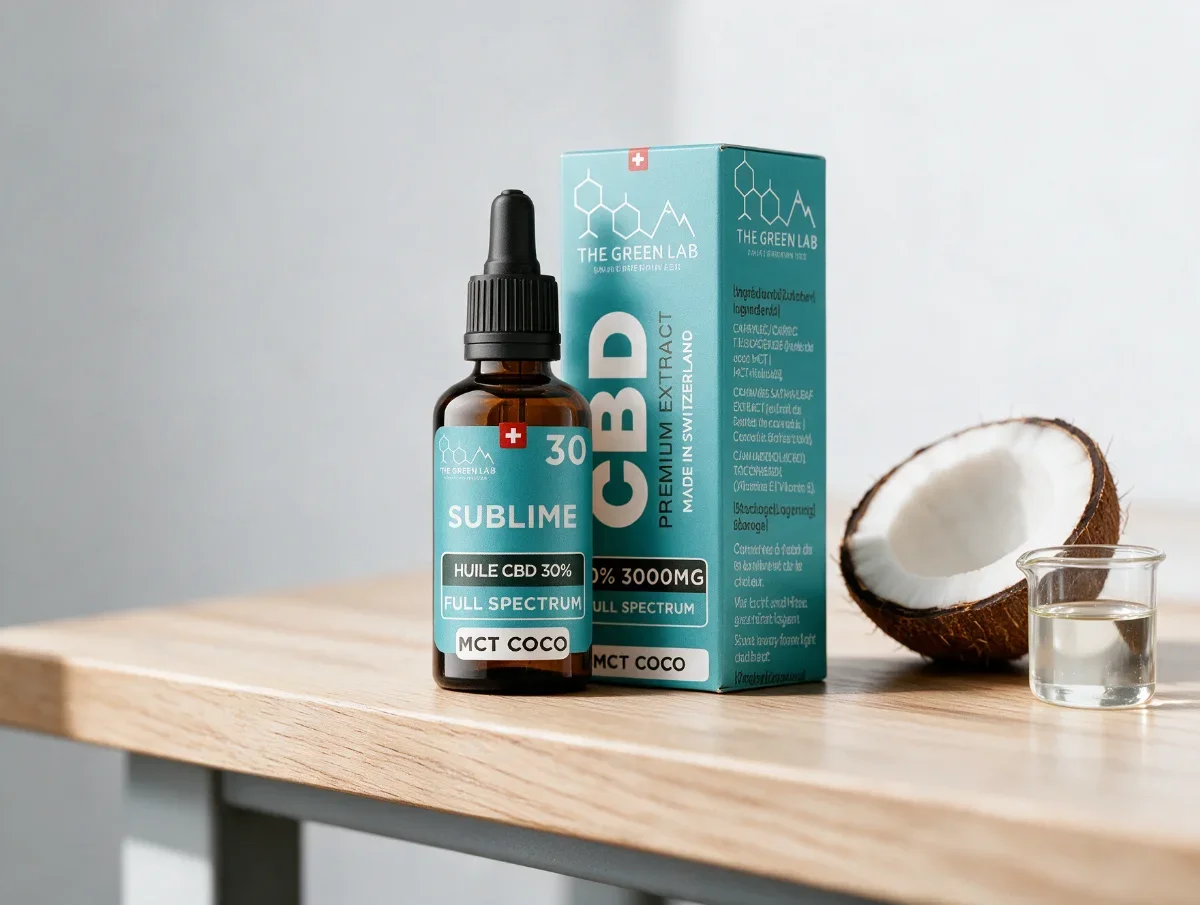 Flasche und Faltschachtel des CBD-Öls Sublime 30 % Full Spectrum auf MCT-Kokosöl, 3000 mg, neben einer geöffneten Kokosnuss und einem Becherglas mit farblosem Öl