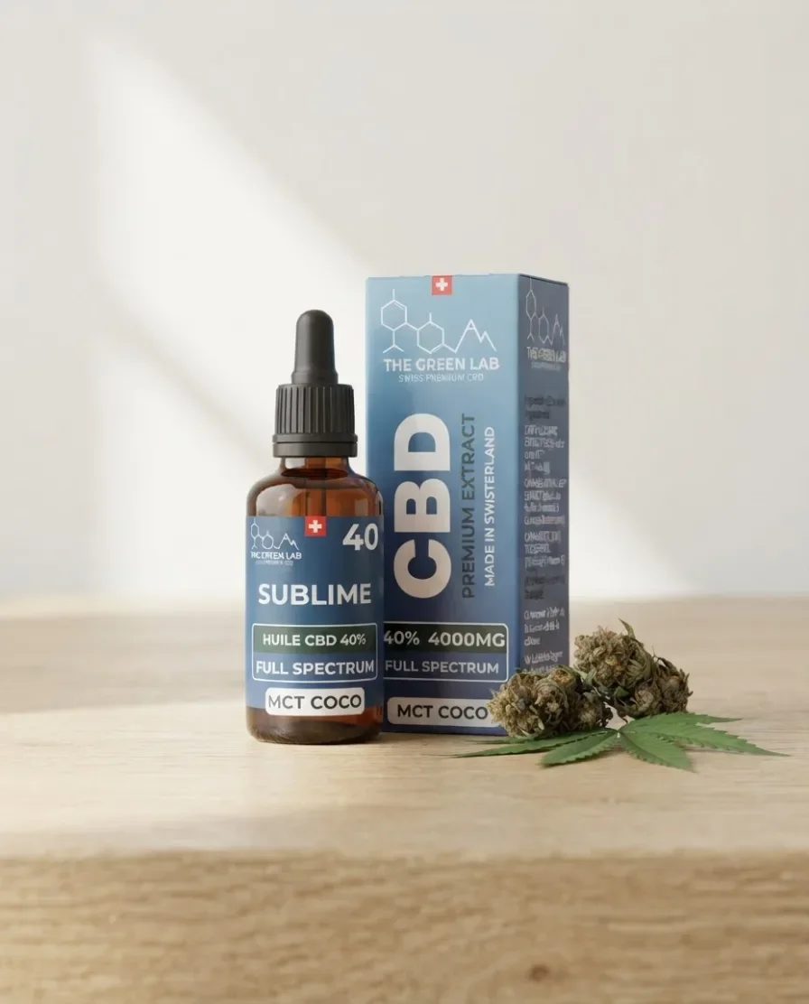 Bottle and box of Sublime 40% Full Spectrum CBD oil on MCT coconut oil, 4000 mg, on a light oak table with dried hemp flowers