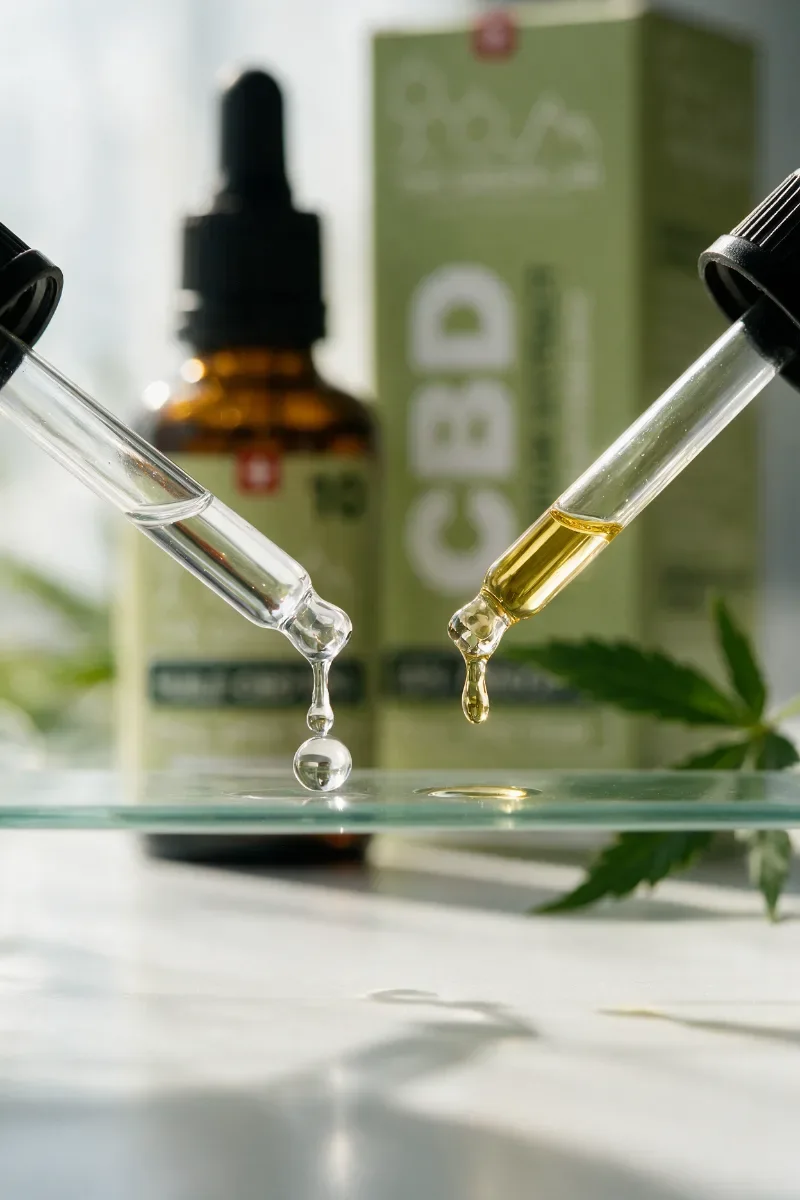 Two glass pipettes side by side above a Petri dish: on the left a clear water drop, on the right a thinner golden oil drop, The Green Lab Hemp CBD oil bottle and box blurred in the background