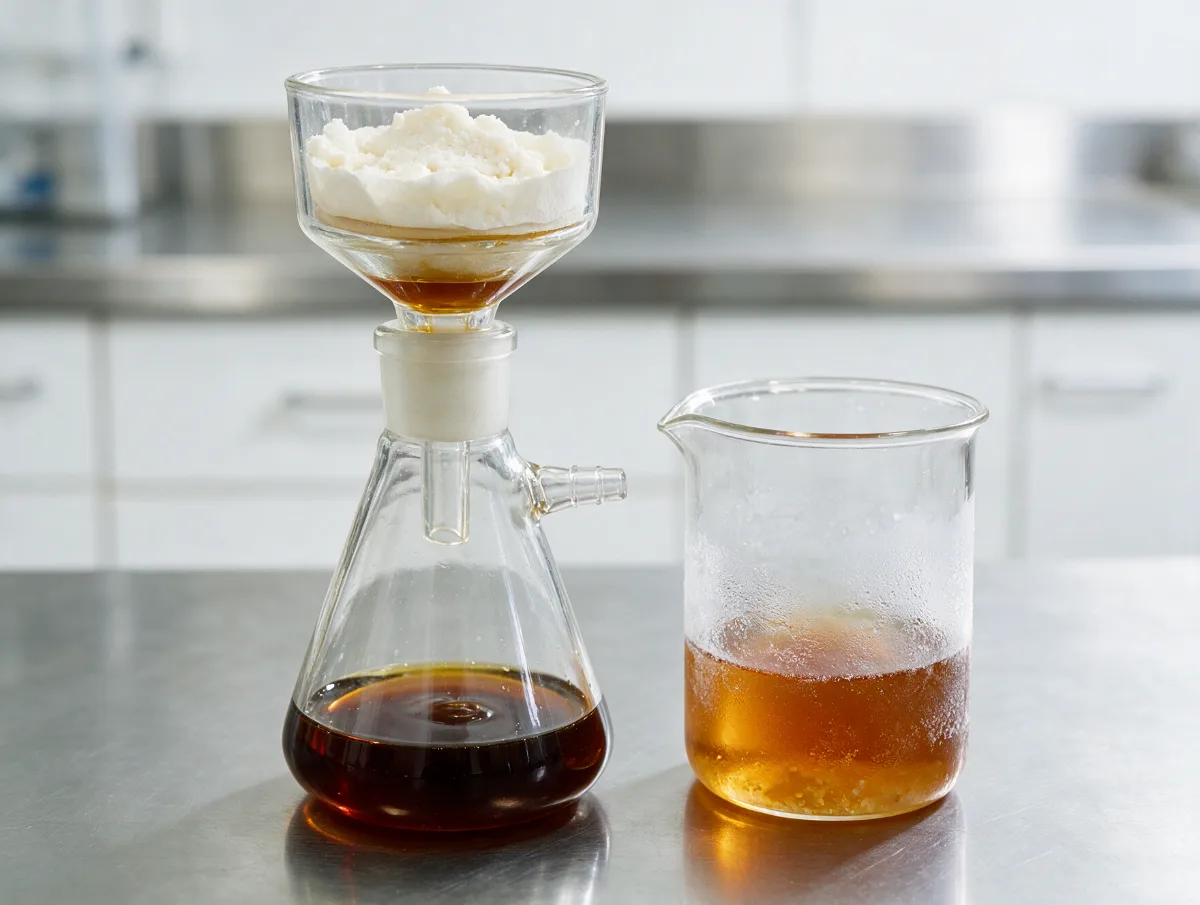 Illustration : filtration sous vide d'un extrait, cires blanches retenues sur le filtre