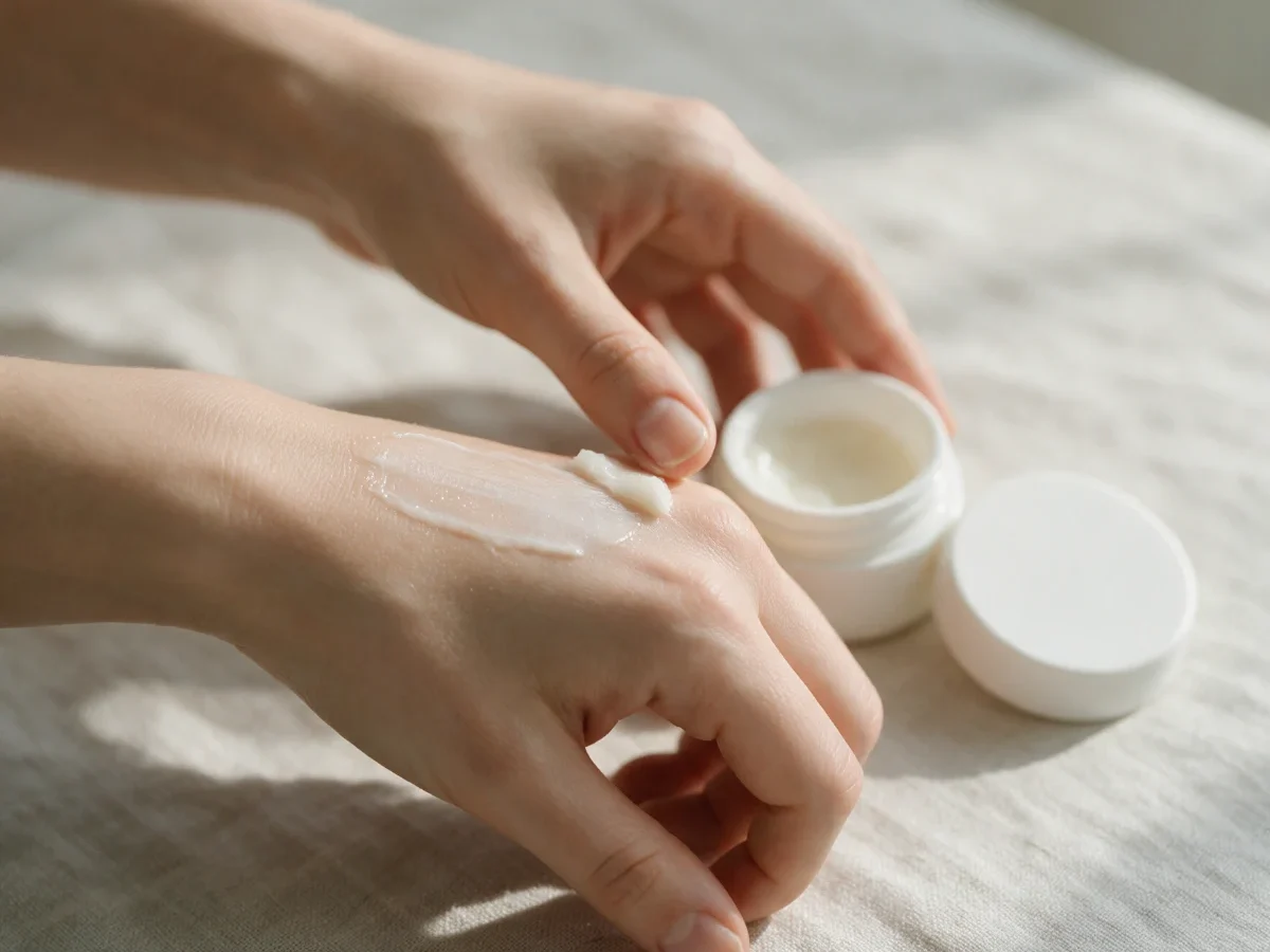 Hands spreading a little white balm on the back of the hand, next to a small open jar without a label