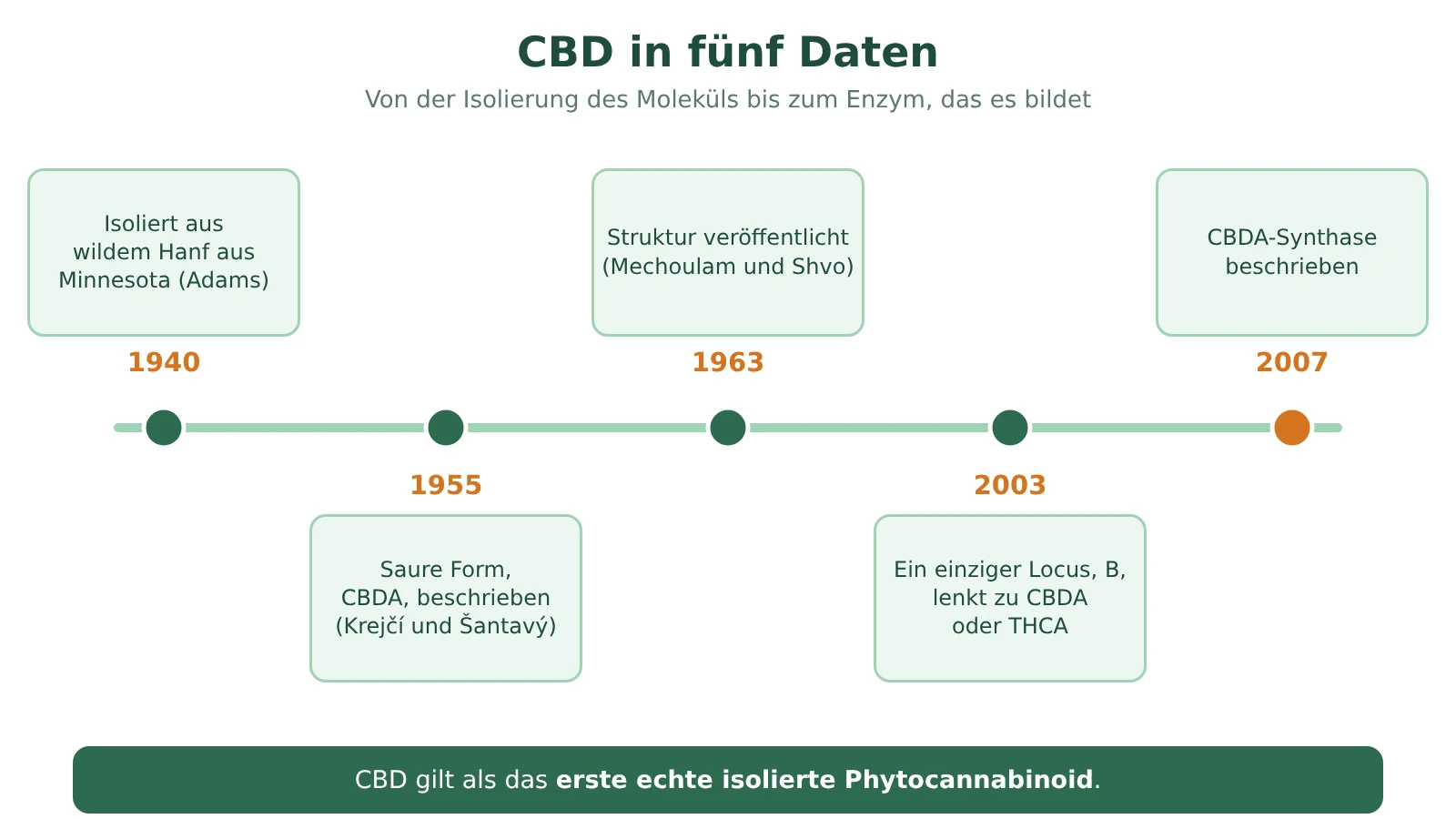 Zeitleiste zu CBD: 1940 isoliert, CBDA 1955 beschrieben, Struktur 1963 veröffentlicht, Locus B 2003 beschrieben, CBDA-Synthase 2007 beschrieben
