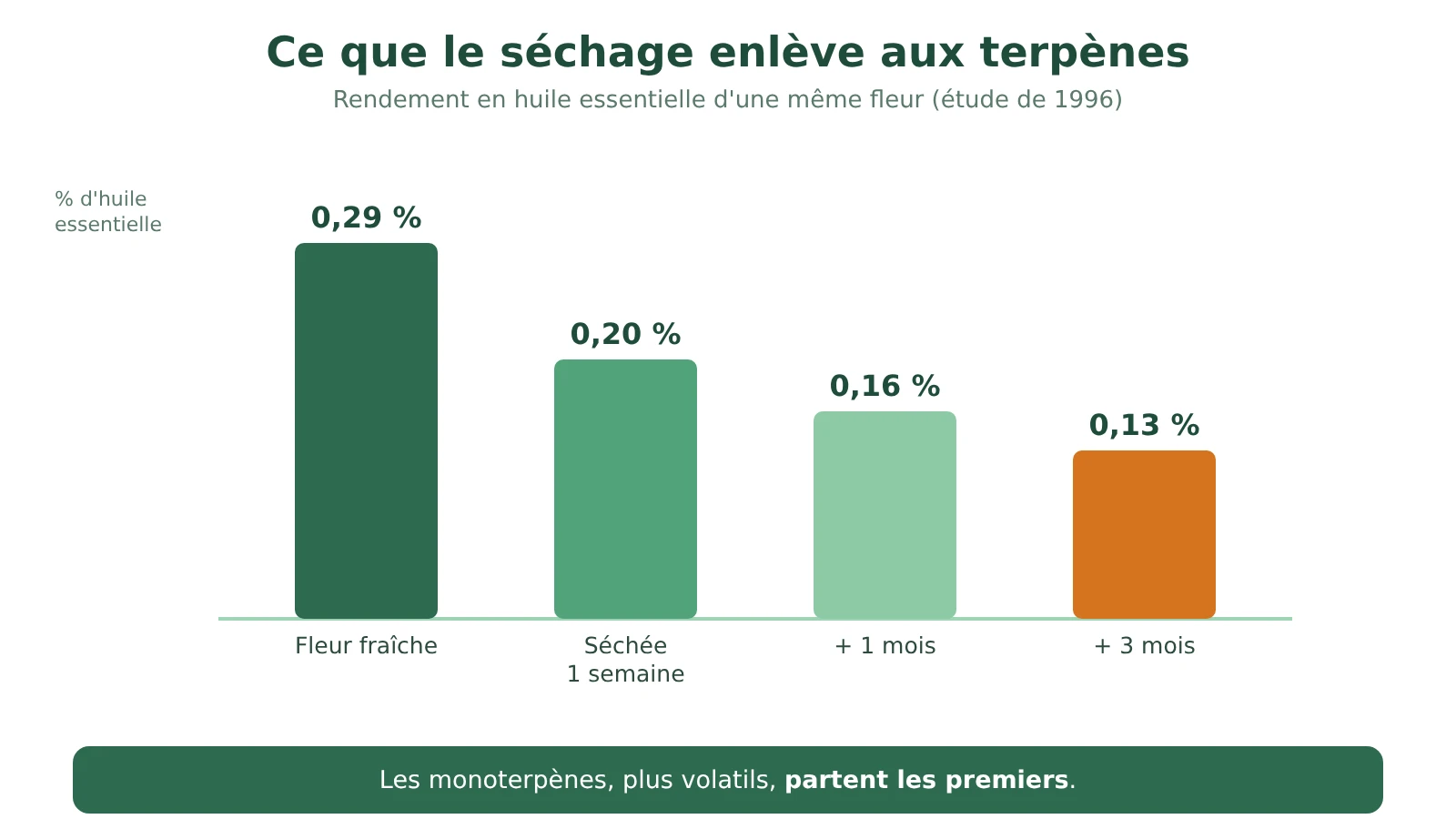 Graphique du rendement en huile essentielle d'une fleur de chanvre : 0,29 % frais, 0,20 % après une semaine de séchage, 0,16 % après un mois et 0,13 % après trois mois de stockage