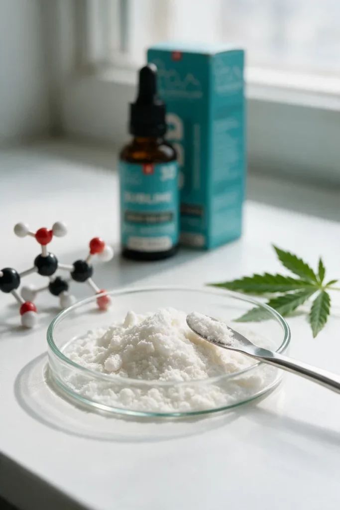Weisses kristallines CBD-Pulver in einer Petrischale mit Spatel, ein Molekülmodell, ein Hanfblatt und, unscharf im Hintergrund, eine CBD-Ölflasche mit türkisfarbener Schachtel