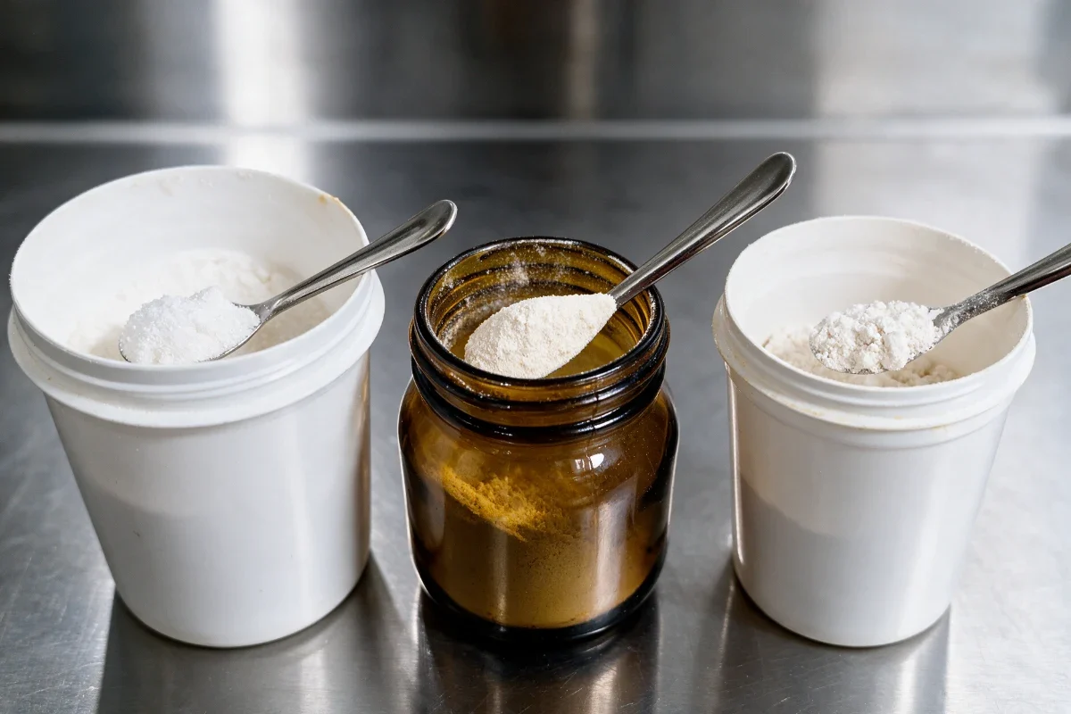 Three jars of powder on a stainless steel worktop: white crystalline powder, cream powder in an amber jar and off-white powder, each with a spatula