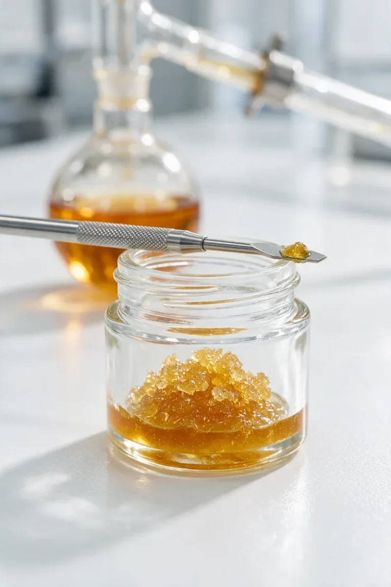 Small glass jar of crystallised golden CBD distillate, a stainless steel tool resting on the rim, distillation glassware blurred in the background