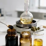 Laboratory bench with a jar of dark brown hemp extract, a jar of CBDA powder and a beaker of golden distillate, in front of a heated flask and a thermometer