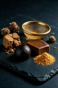 Haschischstücke mit unterschiedlicher Konsistenz und Farbe, gesiebtes Harzpulver, ein Metallsieb und Hanfblüten auf einer Schieferplatte