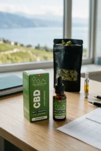 Box and bottle of Hemp 30% CBD oil on an oak desk, with a pouch of CBD flowers, a vape cartridge and a binder, blurred view of Lake Geneva and vineyards