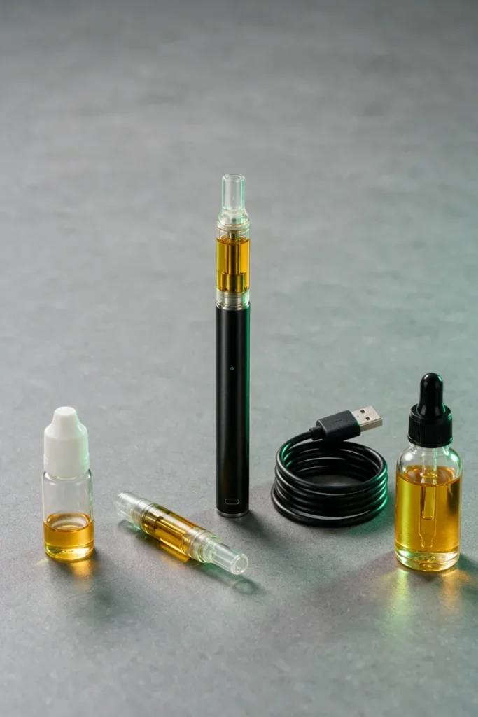 Schwarzer Vape-Akku mit Kartusche mit goldener Flüssigkeit, eine zweite Kartusche, ein USB-Kabel und zwei unetikettierte Liquid-Fläschchen auf grauem Stein