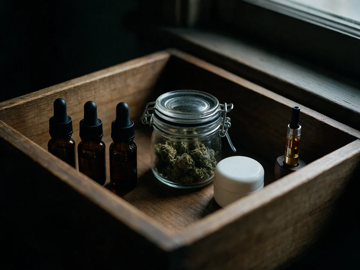 Tiroir en bois dans la pénombre avec trois flacons ambrés, un bocal hermétique de fleurs CBD, un pot de baume et une cartouche