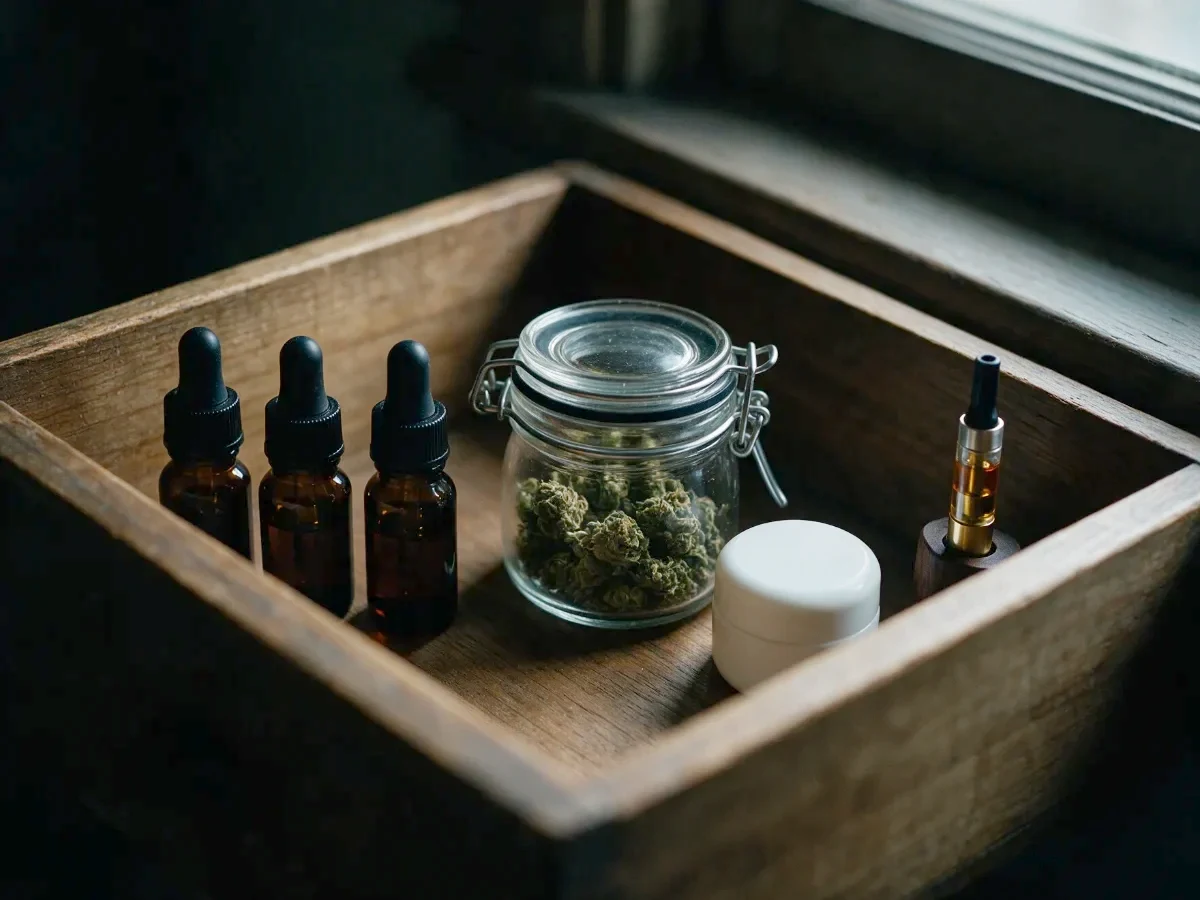 Tiroir en bois dans la pénombre avec trois flacons ambrés, un bocal hermétique de fleurs CBD, un pot de baume et une cartouche