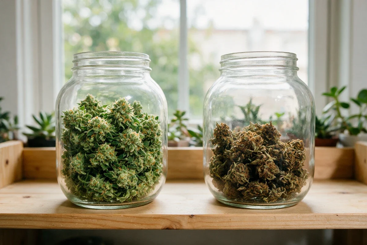 Two glass jars on a wooden shelf: on the left, green freshly dried hemp flowers; on the right, flowers browned by long storage in the light
