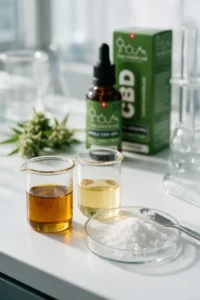 Laboratory bench with a beaker of amber hemp distillate, a beaker of lighter distillate and a Petri dish of white CBD crystals, with a The Green Lab Hemp CBD oil bottle and box in the background