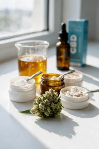 Weisse Laborbank an einem Fenster mit einer Hanfblüte, drei Gläsern mit Cannabinoidpulvern, einem Becherglas mit goldenem Destillat und, unscharf im Hintergrund, einem CBD-Öl-Fläschchen mit Schachtel