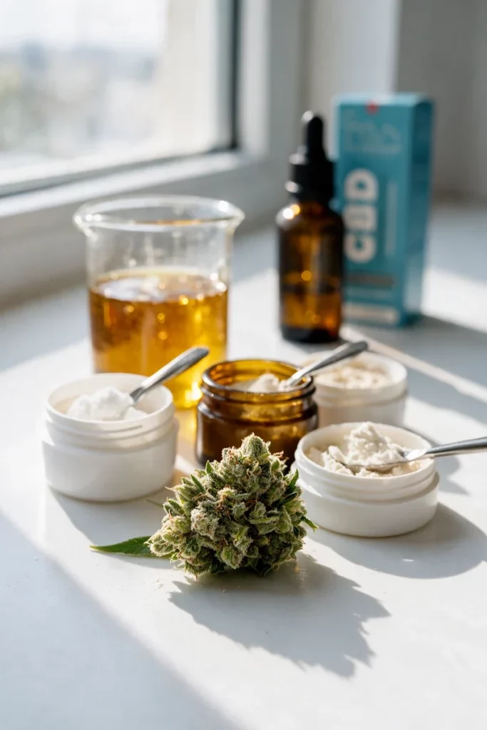 Weisse Laborbank an einem Fenster mit einer Hanfblüte, drei Gläsern mit Cannabinoidpulvern, einem Becherglas mit goldenem Destillat und, unscharf im Hintergrund, einem CBD-Öl-Fläschchen mit Schachtel