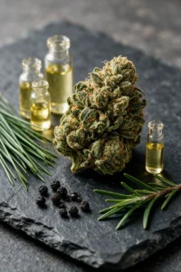 Getrocknete Hanfblüte voller Trichome auf einer Schieferplatte, mit kleinen Fläschchen blassgelber ätherischer Öle, Kiefernnadeln, schwarzen Pfefferkörnern und einem Rosmarinzweig