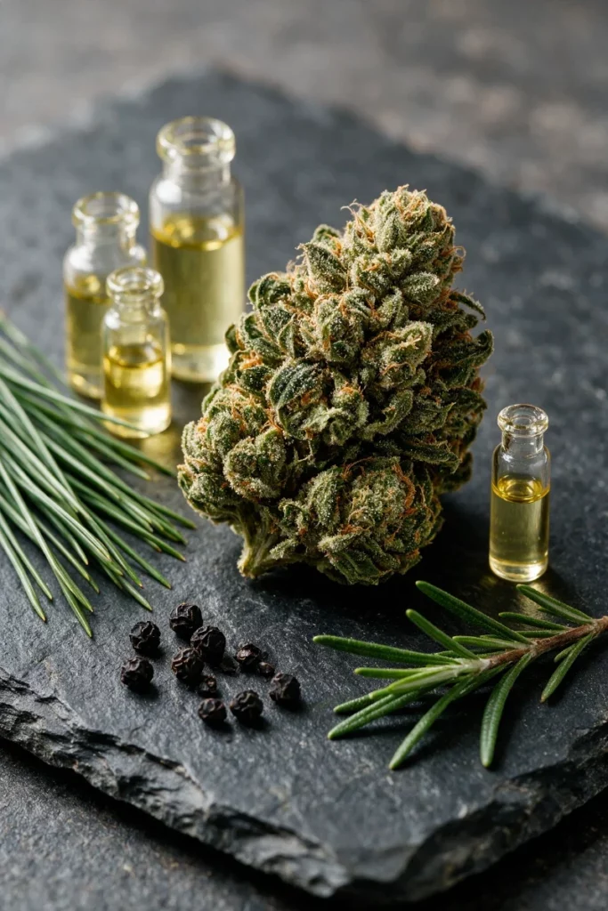 Getrocknete Hanfblüte voller Trichome auf einer Schieferplatte, mit kleinen Fläschchen blassgelber ätherischer Öle, Kiefernnadeln, schwarzen Pfefferkörnern und einem Rosmarinzweig