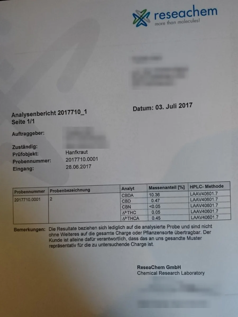 2017 HPLC analysis report for a hemp flower from our crops, names and address blurred