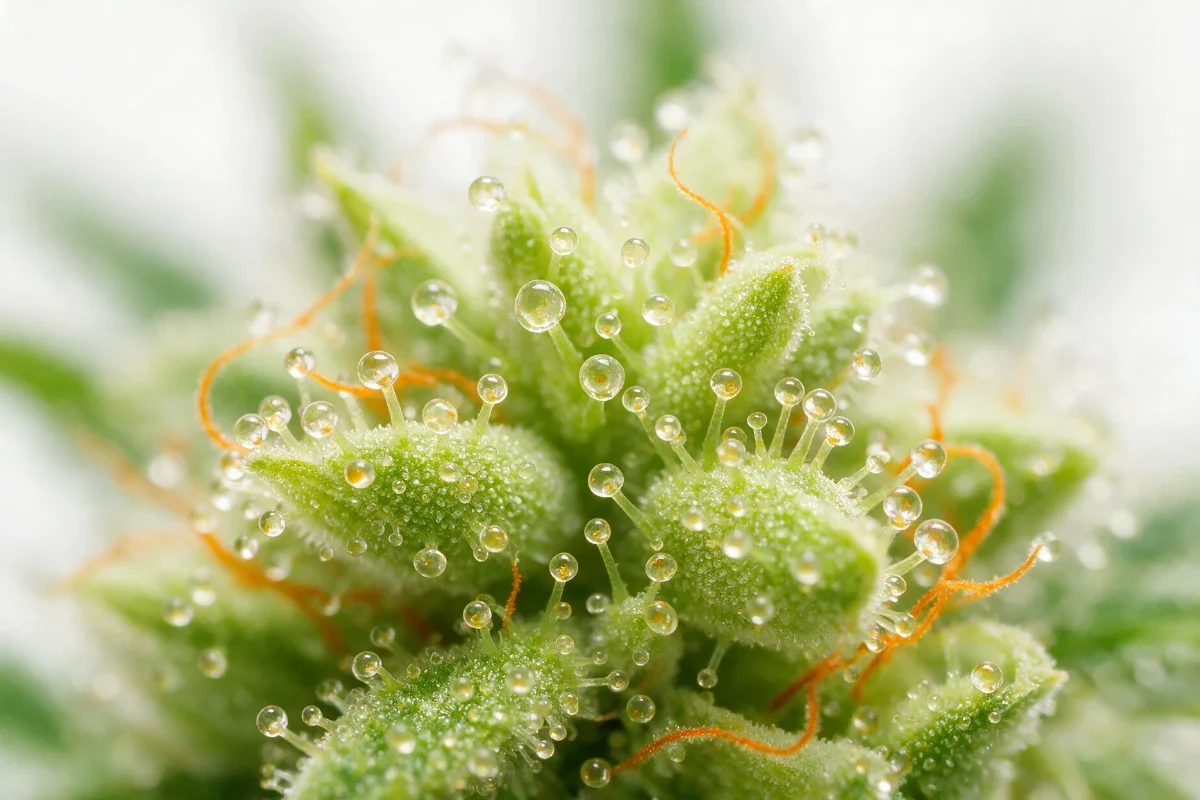 Close-up view of the glandular trichomes of a hemp flower, small translucent resin heads