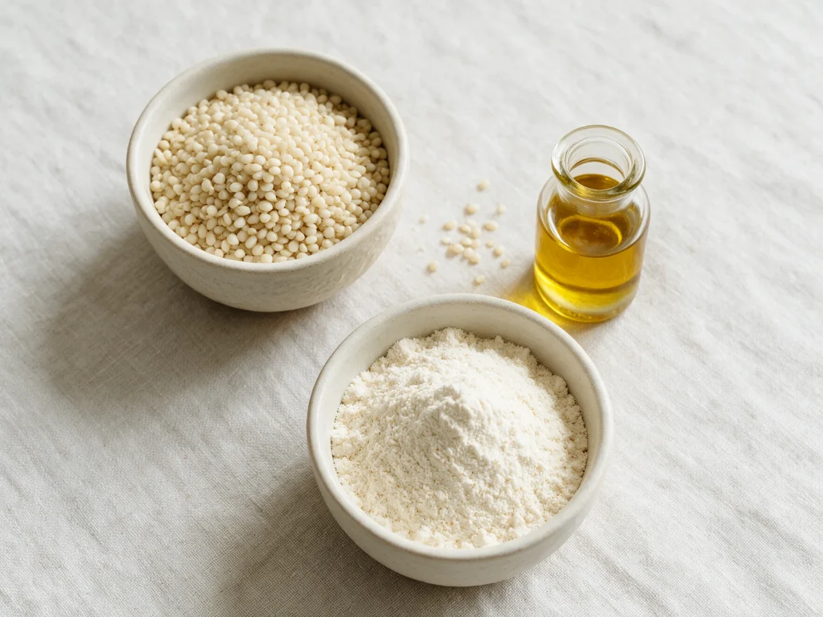 Bowls of hulled hemp seeds and hemp flour, with a small bottle of hemp seed oil